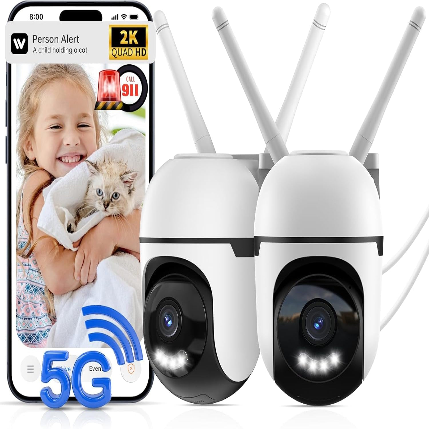 Smart Wired Security Camera Outdoor,5G&2.4G Wifi Cameras for Home Security,2K&360° PTZ Camera,911 Call for AI,IP66 Waterproof,Motion Detection,Us Cloud APP&TF Card,Support Alexa
