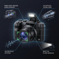 5K Digital Camera for Photography, 64MP Touch Screen Autofocus Vlogging Camera with Selfie Lens, 5X Optical Zoom, 64GB SD Card — How It Works