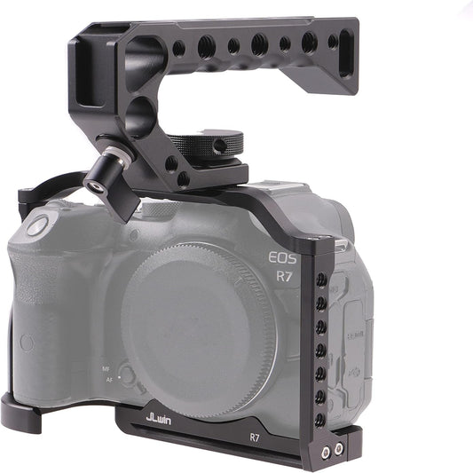 EOS R7 Camera Cage with Top Handle for Canon EOS R7 Cage with Quick Release Plate for Arca Stand, Cold Shoe, NATO Rail and 1/4" & 3/8" Threaded Holes
