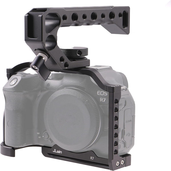 EOS R7 Camera Cage with Top Handle for Canon EOS R7 Cage with Quick Release Plate for Arca Stand, Cold Shoe, NATO Rail and 1/4" & 3/8" Threaded Holes