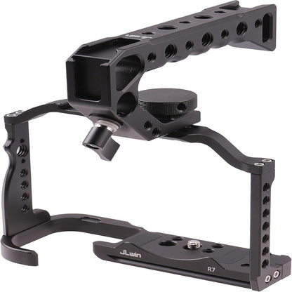 EOS R7 Camera Cage with Top Handle for Canon EOS R7 Cage with Quick Release Plate for Arca Stand, Cold Shoe, NATO Rail and 1/4" & 3/8" Threaded Holes